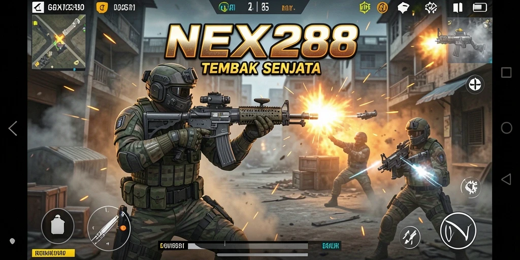 Tampilan antarmuka NEX288 yang menegangkan dalam pertarungan tembak senjata.